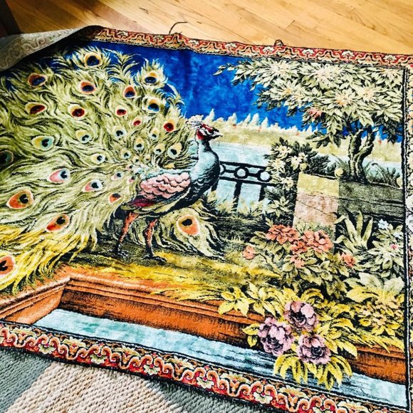 Vintage 60s 70s Peacock Tapestry Thick 74.5" x 49" | Made in Lebanon